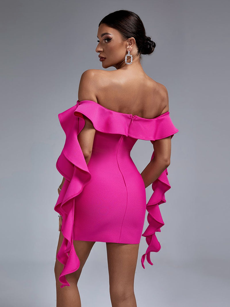 Lucille Off Shoulder Cascading Ruffles Bandage Mini Dress