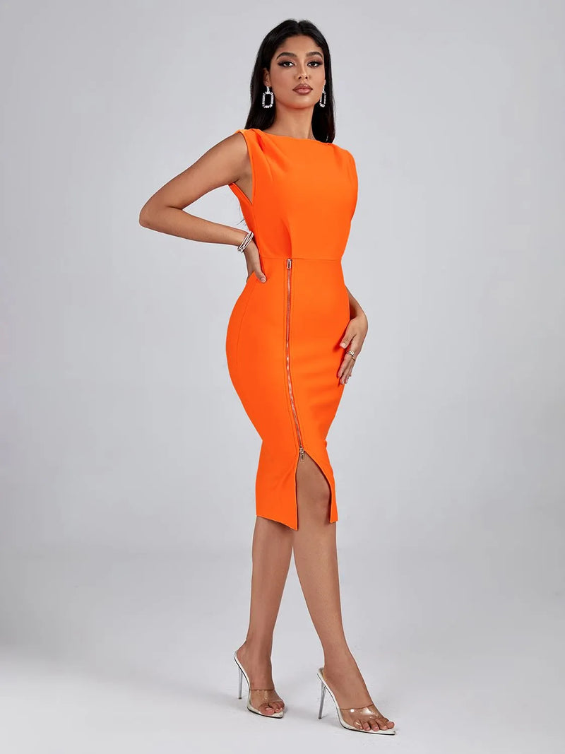 Gloria Boat Neck Front Zip Midi Dress