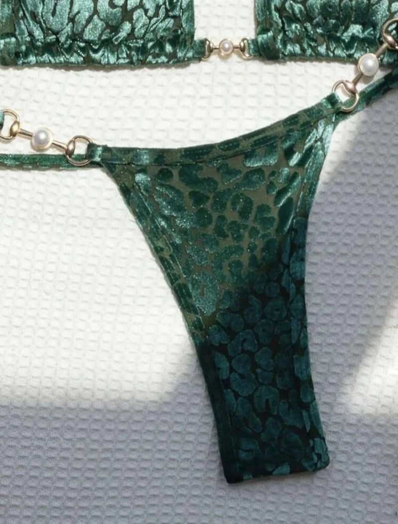 Kelly Burnout Velvet Leopard Pearl Bikini Set