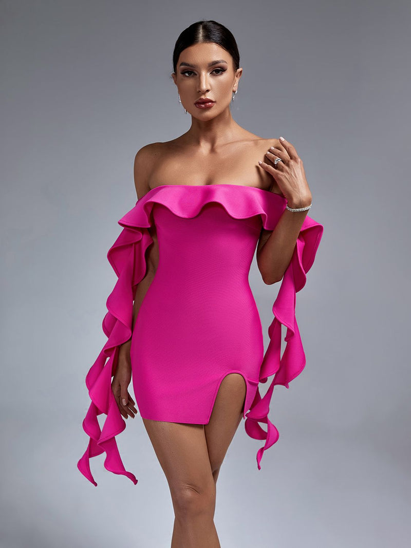 Lucille Off Shoulder Cascading Ruffles Bandage Mini Dress