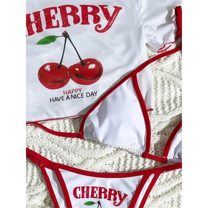 Cherry Printed Short Sleeve  3-Pc Bikini Set