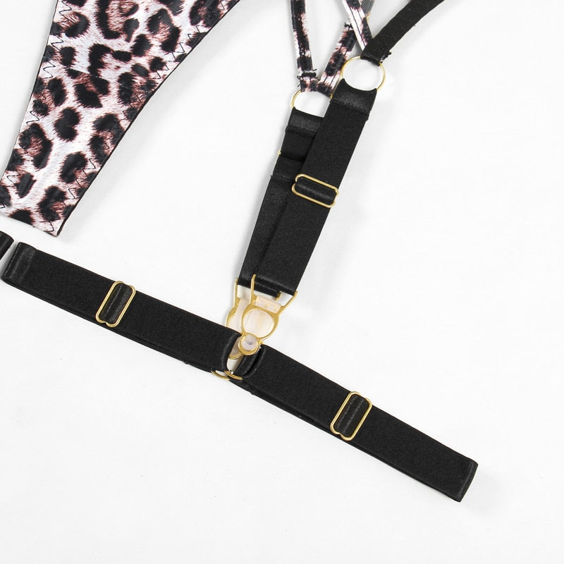 Cayden Leopard Print Mesh Contrast 5-Pc Lingerie Set
