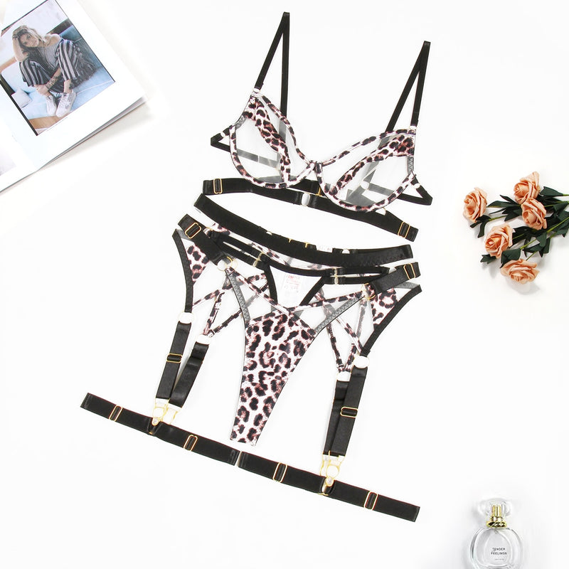 Cayden Leopard Print Mesh Contrast 5-Pc Lingerie Set