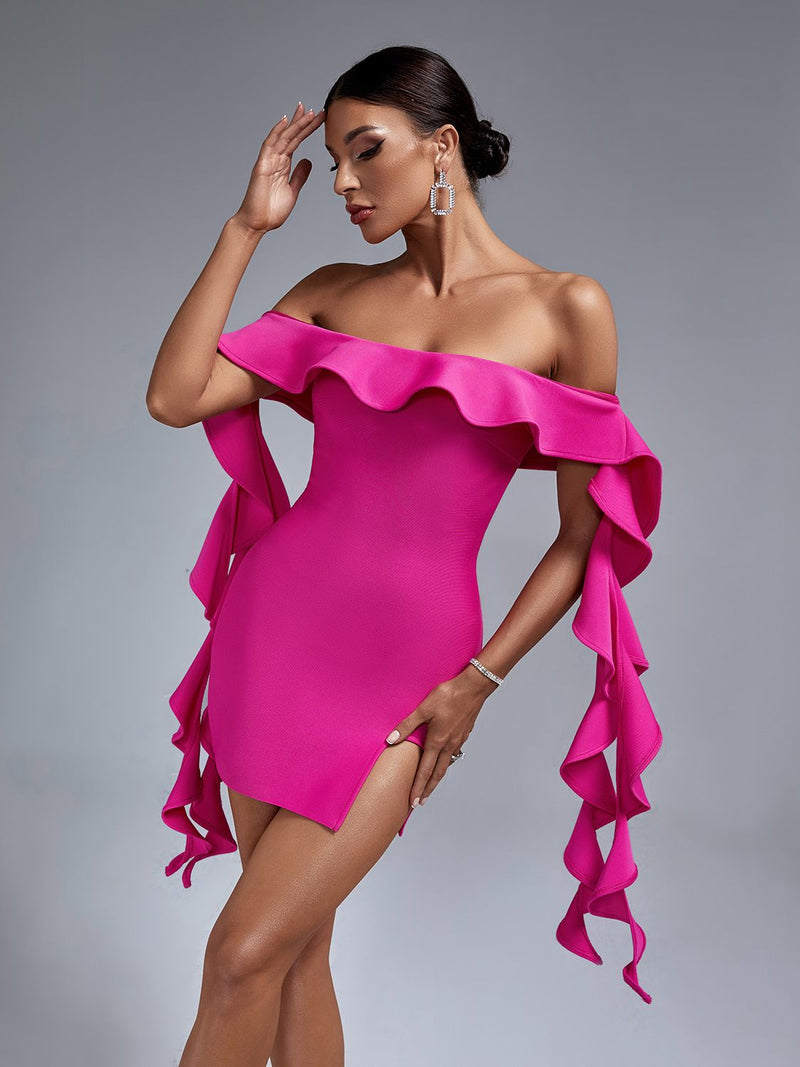 Lucille Off Shoulder Cascading Ruffles Bandage Mini Dress
