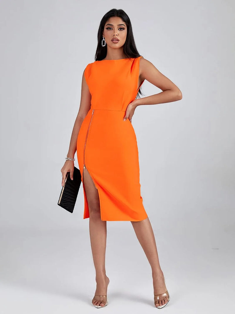 Gloria Boat Neck Front Zip Midi Dress