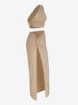 Gretchen One Shoulder Crop Top Knotted Slit Skirt Set