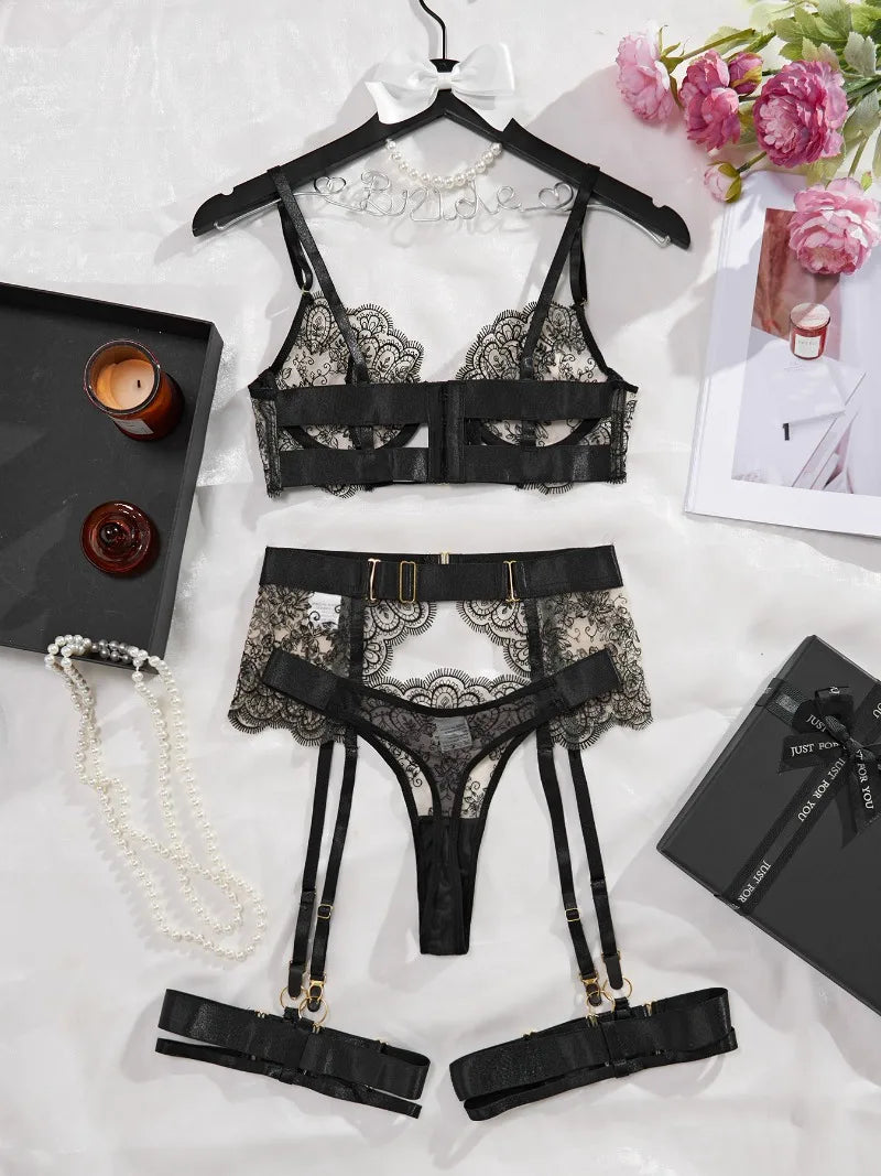 Eliana Sheer Embroidered Lace Lingerie Set