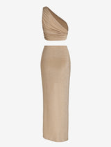 Gretchen One Shoulder Crop Top Knotted Slit Skirt Set
