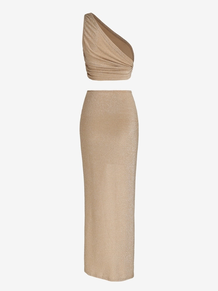 Gretchen One Shoulder Crop Top Knotted Slit Skirt Set