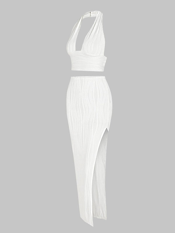 Gabriella 2-Pc Backless Halter Top And Thigh High Slit Skirt Set