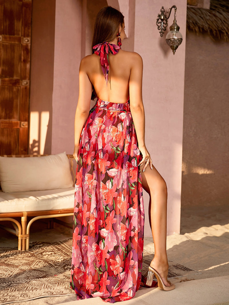 Jenna Floral Sleeveless Thigh High Slit Maxi Dress