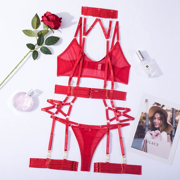 Aisha Sheer Mesh 4-Piece Lingerie Set
