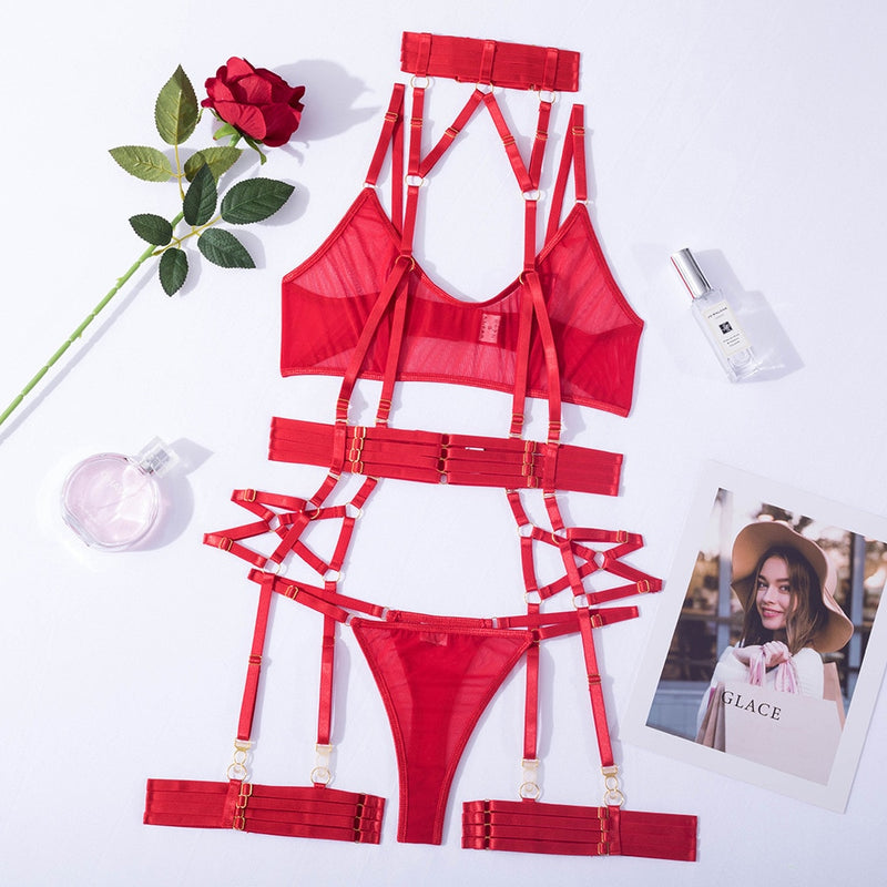 Aisha Sheer Mesh 4-Piece Lingerie Set