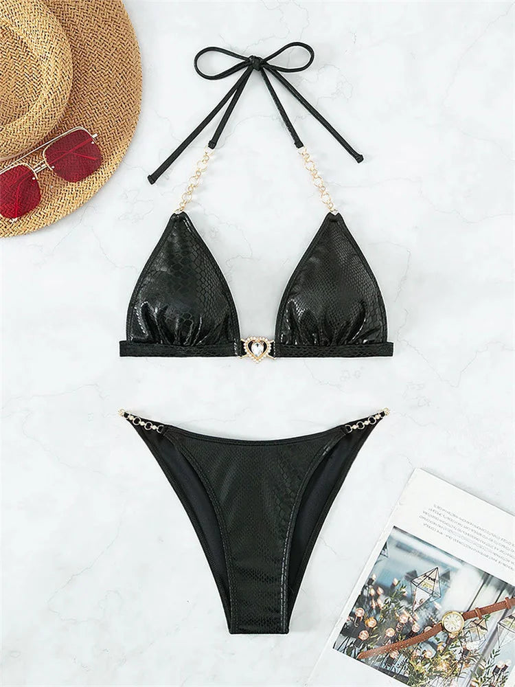 Imani Rhinestone Chain Snakeskin 2-Pc Cheeky Bikini Set