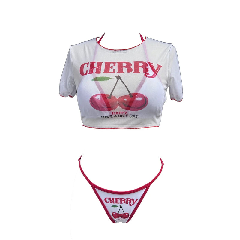 Cherry Printed Short Sleeve  3-Pc Bikini Set