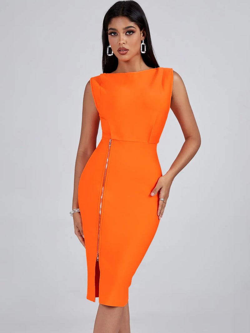 Gloria Boat Neck Front Zip Midi Dress
