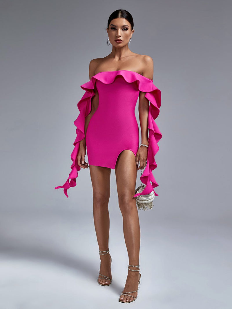Lucille Off Shoulder Cascading Ruffles Bandage Mini Dress
