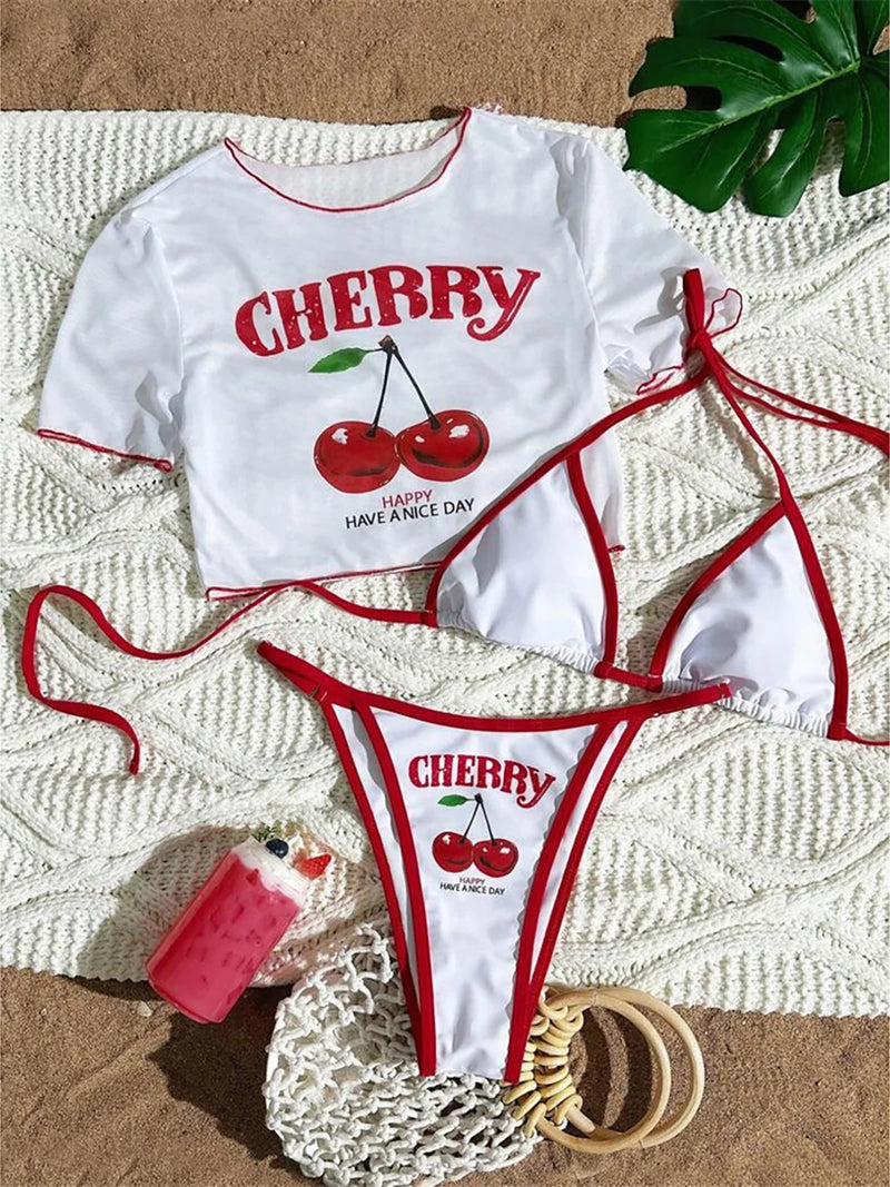 Cherry Printed Short Sleeve  3-Pc Bikini Set