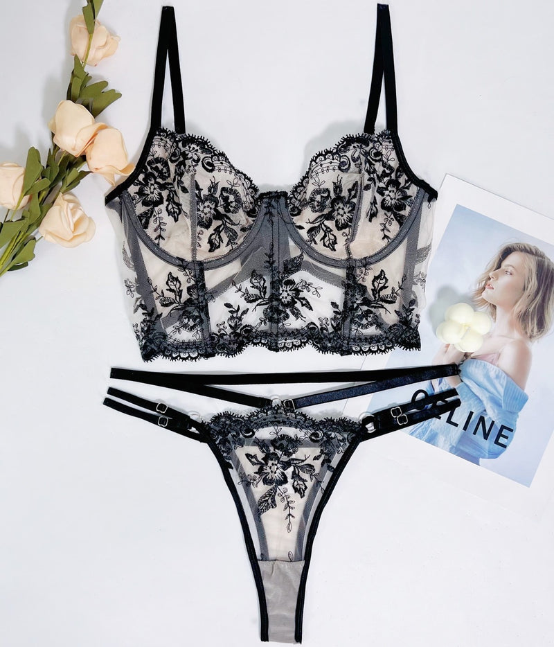 Jazlyn Sheer Embroidered Floral 2-Pc Lingerie Set
