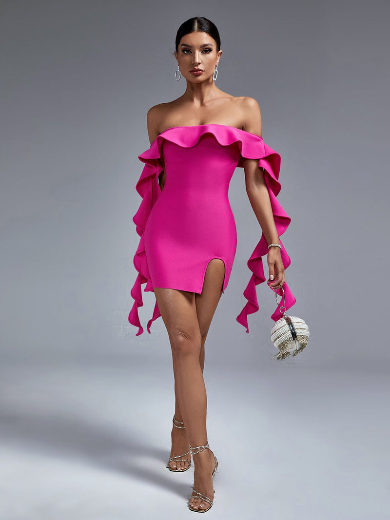 Lucille Off Shoulder Cascading Ruffles Bandage Mini Dress