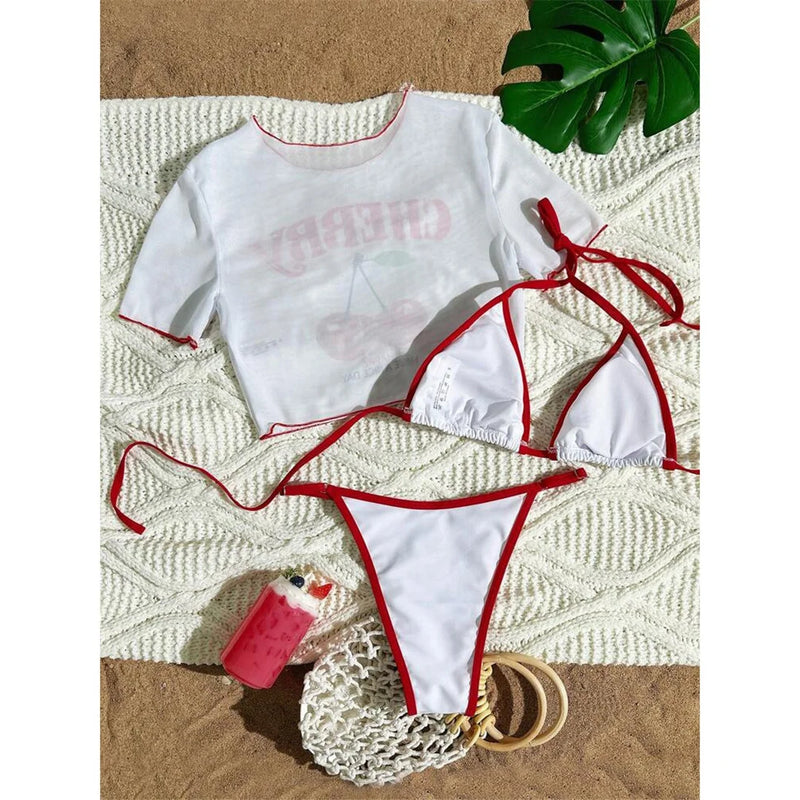 Cherry Printed Short Sleeve  3-Pc Bikini Set