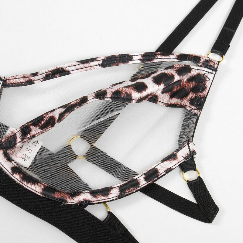 Cayden Leopard Print Mesh Contrast 5-Pc Lingerie Set