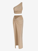 Gretchen One Shoulder Crop Top Knotted Slit Skirt Set
