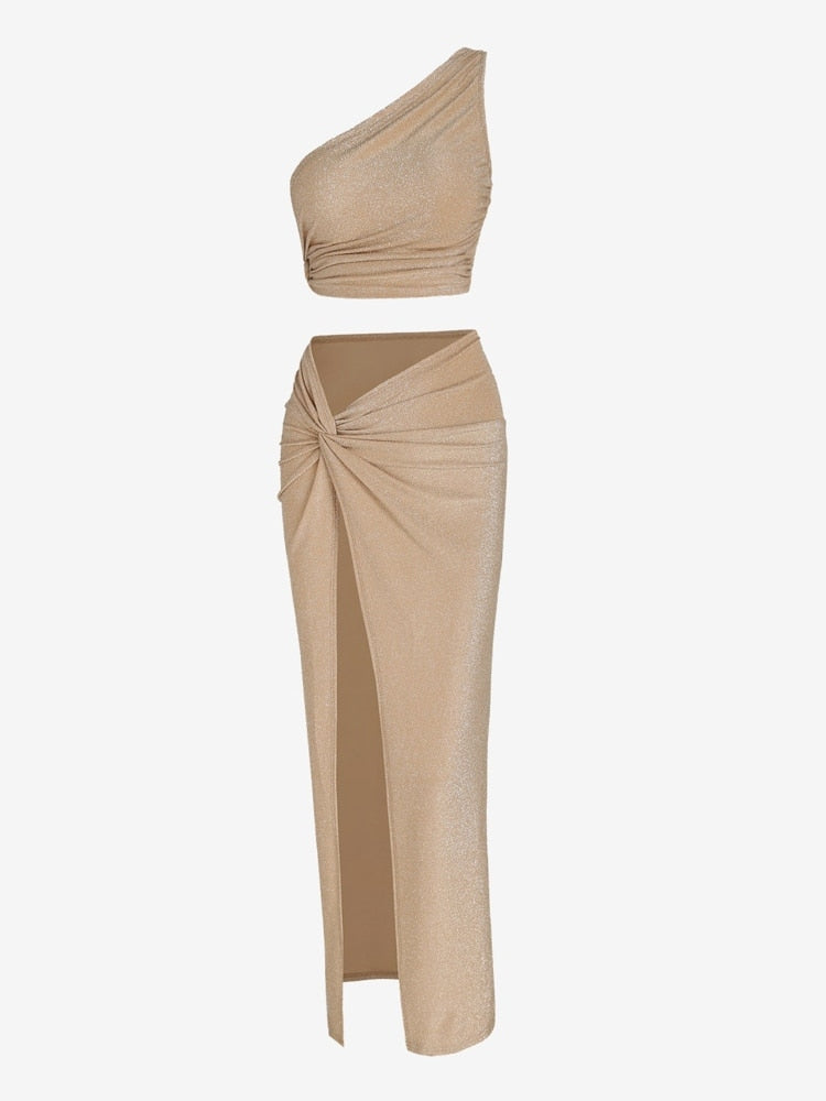 Gretchen One Shoulder Crop Top Knotted Slit Skirt Set