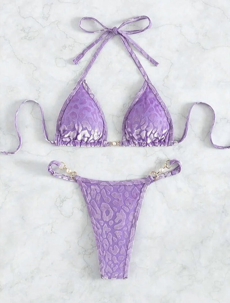 Kelly Burnout Velvet Leopard Pearl Bikini Set
