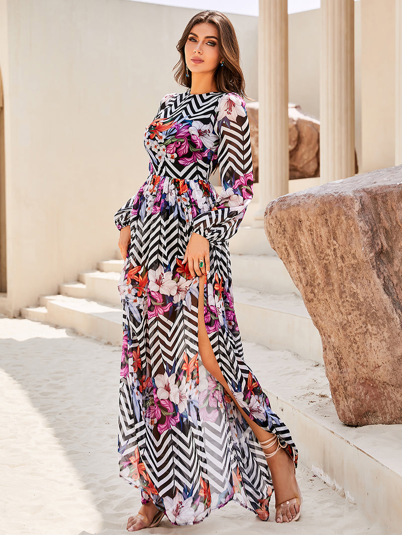 Ruth Long-sleeve Floral Chiffon Maxi Dress